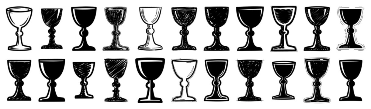 Chalice and holy grail goblet icons set in hand drawn sketchy style