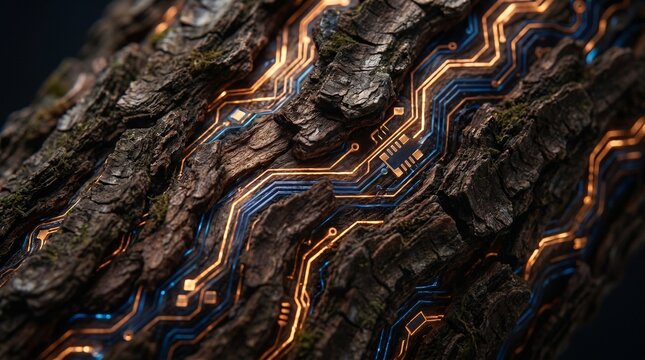 Wood grain and glowing circuit