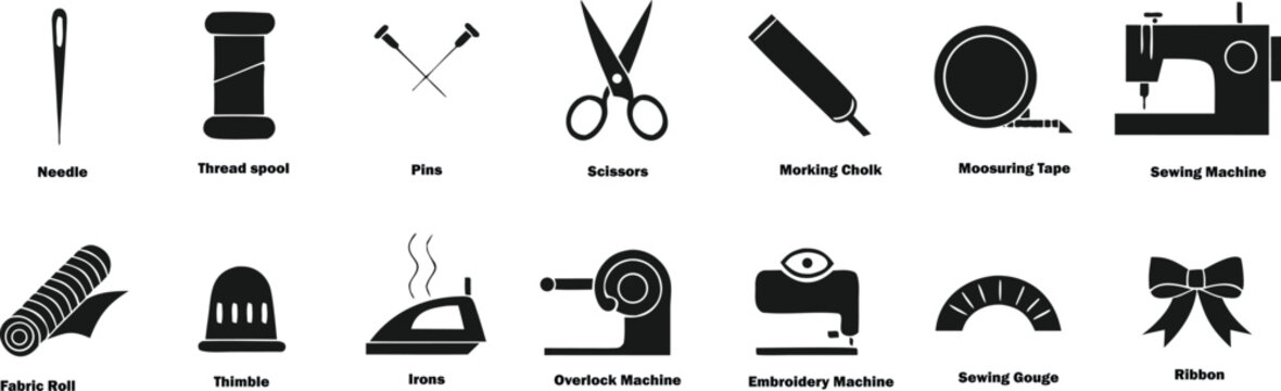 Sewing Machine Icons Black Silhouette Set On White Background
