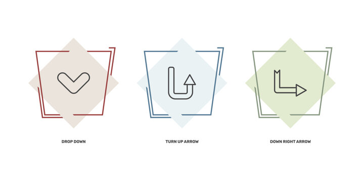 user interface icon set with drop down, turn up arrow, down right arrow signs in flat outline style