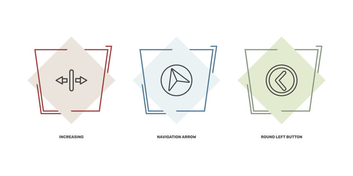 user interface icon set with increasing, navigation arrow, round left button signs in flat outline style