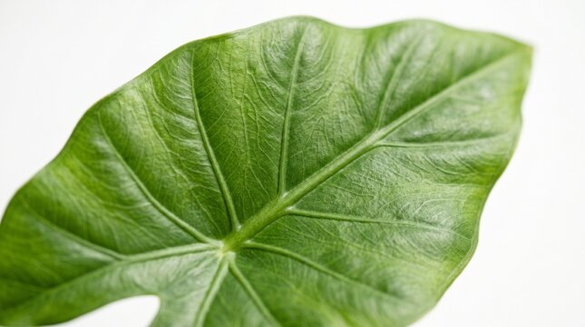 Close up view of a large green elephant ear leaf showing intricate texture details