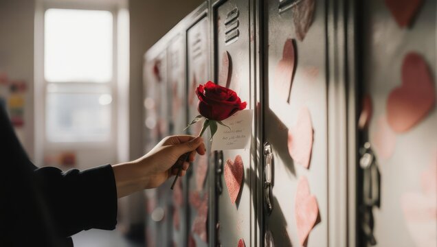 Secret admirer leaving a single red rose and a note on a school locker for Valentines Day.