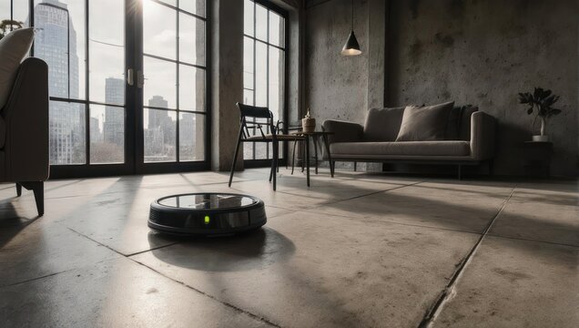 Modern living room with a robot vacuum cleaner cleaning the floor.