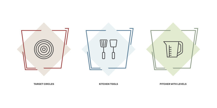 tools and utensils icon set with target circles, kitchen tools, pitcher with levels signs in flat outline style