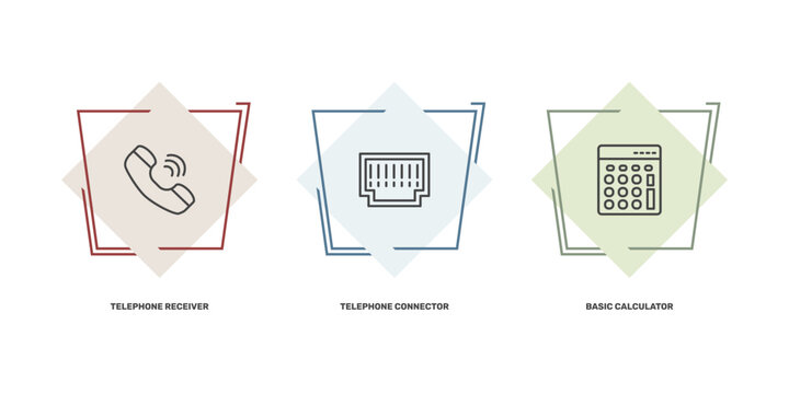 technology icon set with telephone receiver, telephone connector, basic calculator signs in flat outline style