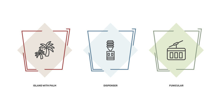 summer icon set with island with palm trees, dispenser, funicular signs in flat outline style