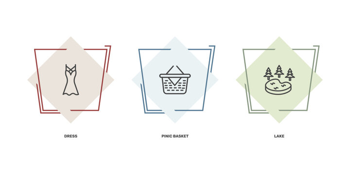 summer icon set with dress, pinic basket, lake signs in flat outline style