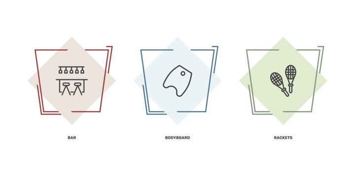 summer icon set with bar, bodyboard, rackets signs in flat outline style