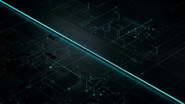 Futuristic Circuit Board with Glowing Cyan Line and Digital Network Pattern