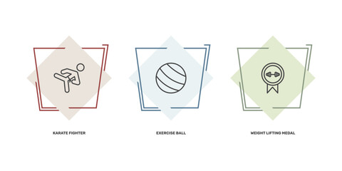 sport and game icon set with karate fighter, exercise ball, weight lifting medal signs in flat outline style © Abstract