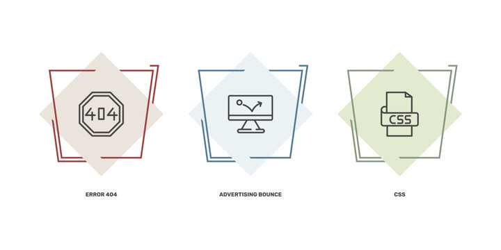 information technology icon set with error 404, advertising bounce, css signs in flat outline style