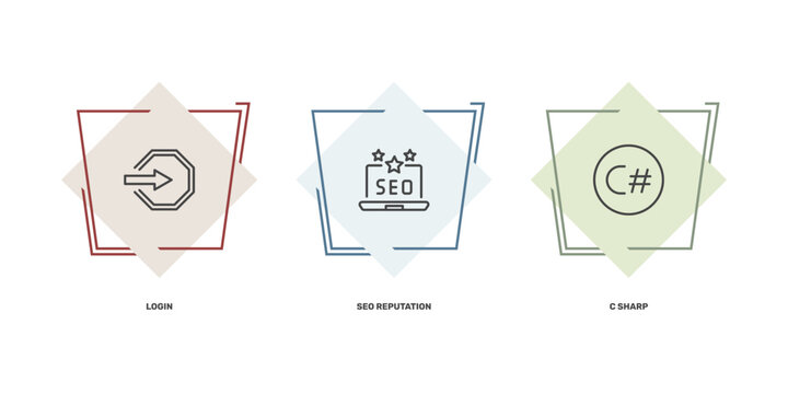 information technology icon set with login, seo reputation, c sharp signs in flat outline style
