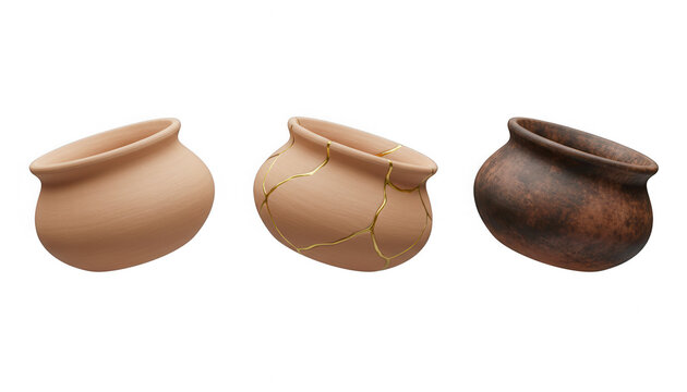 Three Pottery Vessels One with Kintsugi Repair