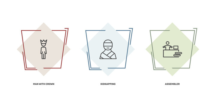 people icon set with man with crown, kidnapping, assembler signs in flat outline style