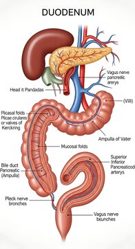 Detailed anatomical diagram of human duodenum and pancreas.