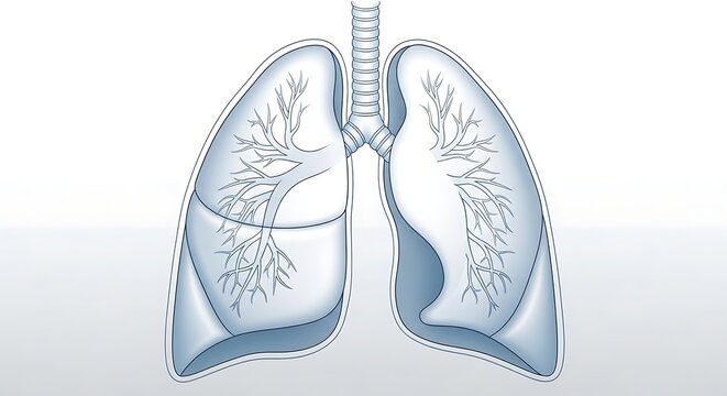 Blue medical illustration of human lungs with bronchial tubes.