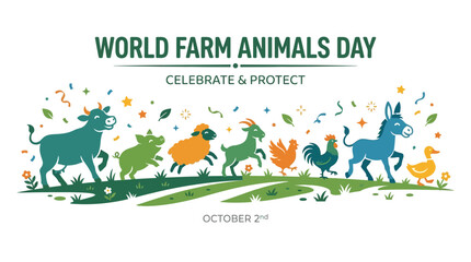 A colorful illustration featuring a group of happy farm animals walking together in a line. © Avis_Sunani