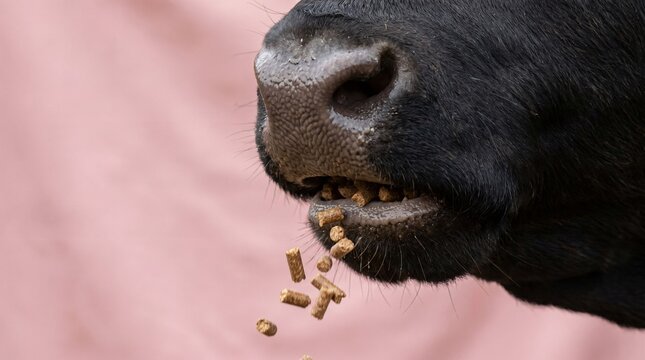 Macro zoom of feed pellets entering a bull's slightly open mouth