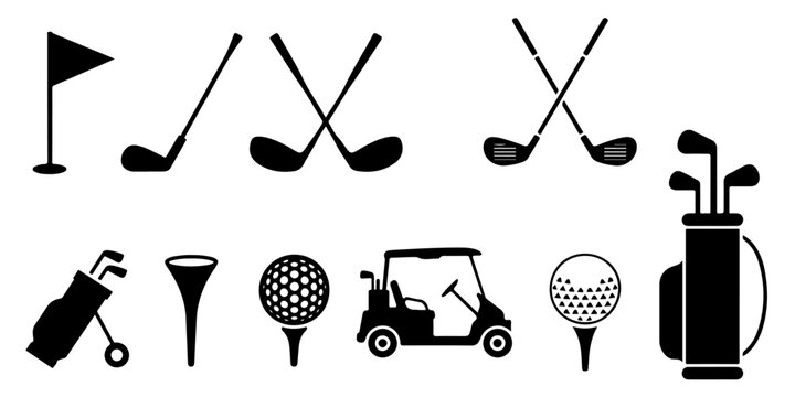 Golf equipment silhouette set featuring clubs, flag, cart, golfer, tee and golf ball isolated on neutral background