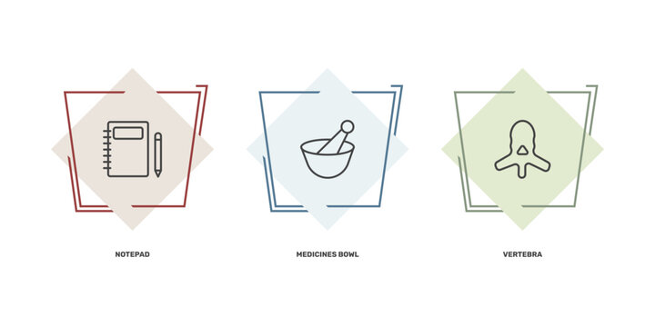 medical and healthcare icon set with notepad, medicines bowl, vertebra signs in flat outline style