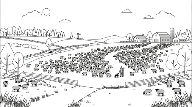 A large flock of sheep grazing in a fenced pasture with a shepherd and dog.