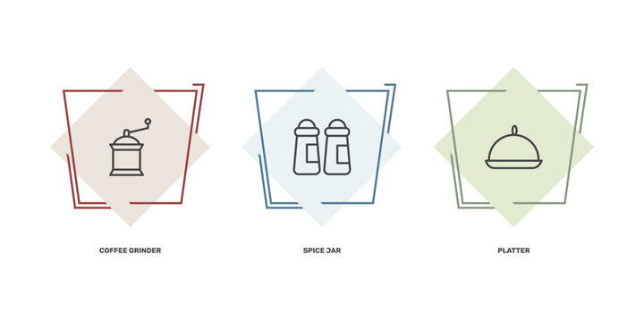 kitchen icon set with coffee grinder, spice jar, platter signs in flat outline style
