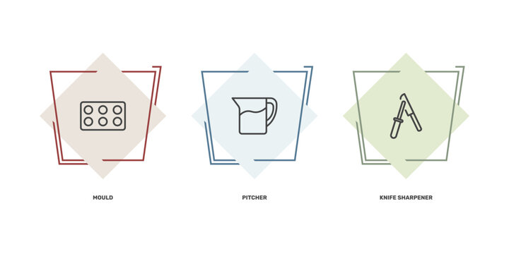 kitchen icon set with mould, pitcher, knife sharpener signs in flat outline style
