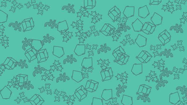 Teal background with geometric cube shapes, simple pentagon forms, and small star outlines suitable for graphic design, backgrounds, and patterns.