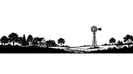 Black and white silhouette of a rural farm landscape with a windmill and house. © Avis_Sunani