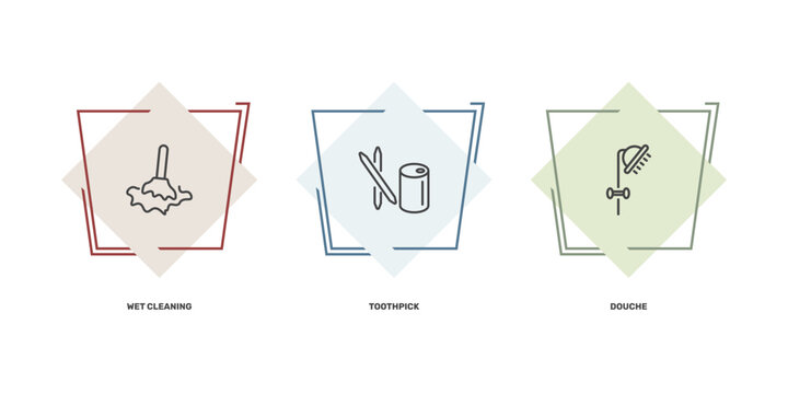 hygiene and sanitation icon set with wet cleaning, toothpick, douche signs in flat outline style