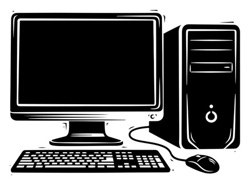 Desktop computer with monitor keyboard and system unit in vintage woodcut style