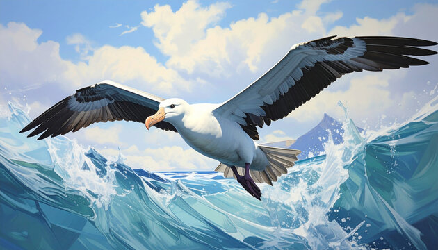Flying albatross over ocean waves