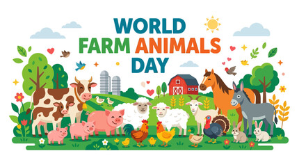 A vibrant illustration featuring a diverse group of friendly farm animals gathered together. © Avis_Sunani