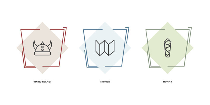 history icon set with viking helmet, trifold, mummy signs in flat outline style