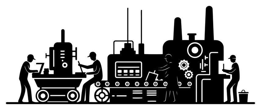 Factory workers operating industrial assembly line machinery in silhouette style