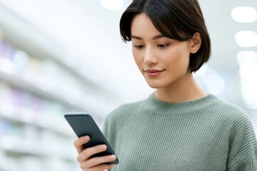 Fototapeta premium Woman comparing prices smartphone shopping decision