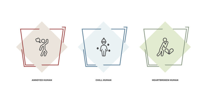 feeling and reaction icon set with annoyed human, chill human, heartbroken human signs in flat outline style
