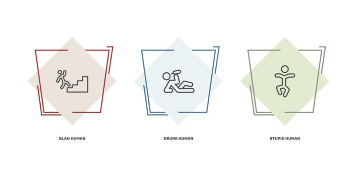feeling and reaction icon set with blah human, drunk human, stupid human signs in flat outline style