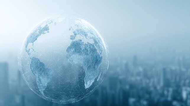 Urban global business concept with digital globe overlay, modern economy visualization