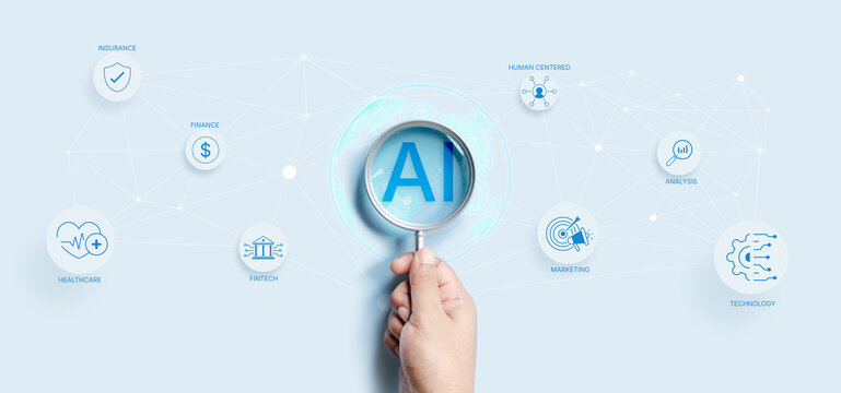 AI Business Ecosystem Analysis, Magnifying Glass focus Artificial Intelligence Network on Finance Healthcare Insurance Fintech Marketing Human Centered Technology and Digital Transformation Systems