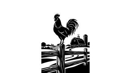 A detailed black and white woodcut style illustration of a rooster perched on a wooden fence post. © Avis_Sunani