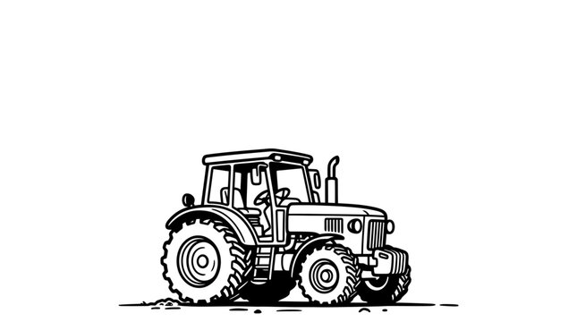 A detailed black and white line art illustration of a classic farm tractor.