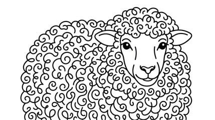 A detailed black and white line art illustration of a fluffy sheep. © Avis_Sunani