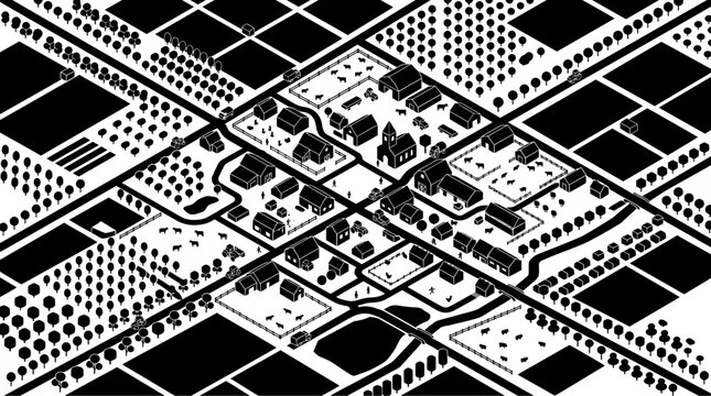 An isometric illustration of a small rural village surrounded by agricultural fields and orchards.