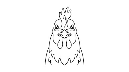 A simple black and white line art illustration of a chicken head facing forward. © Avis_Sunani