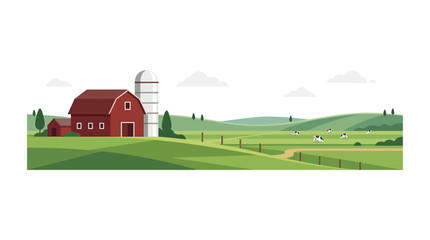 A classic red wooden barn with a tall white silo standing on a green farm landscape. © Avis_Sunani