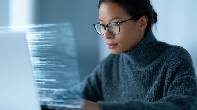 Female developer coding on laptop with AI interface overlay, software engineering concept