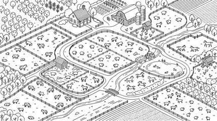 An isometric black and white line art illustration of a bustling farm with various animal paddocks. © Avis_Sunani