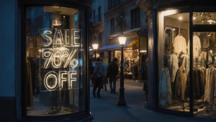 Fototapeta premium Neon Sale Sign Illuminates a Storefront at Night.